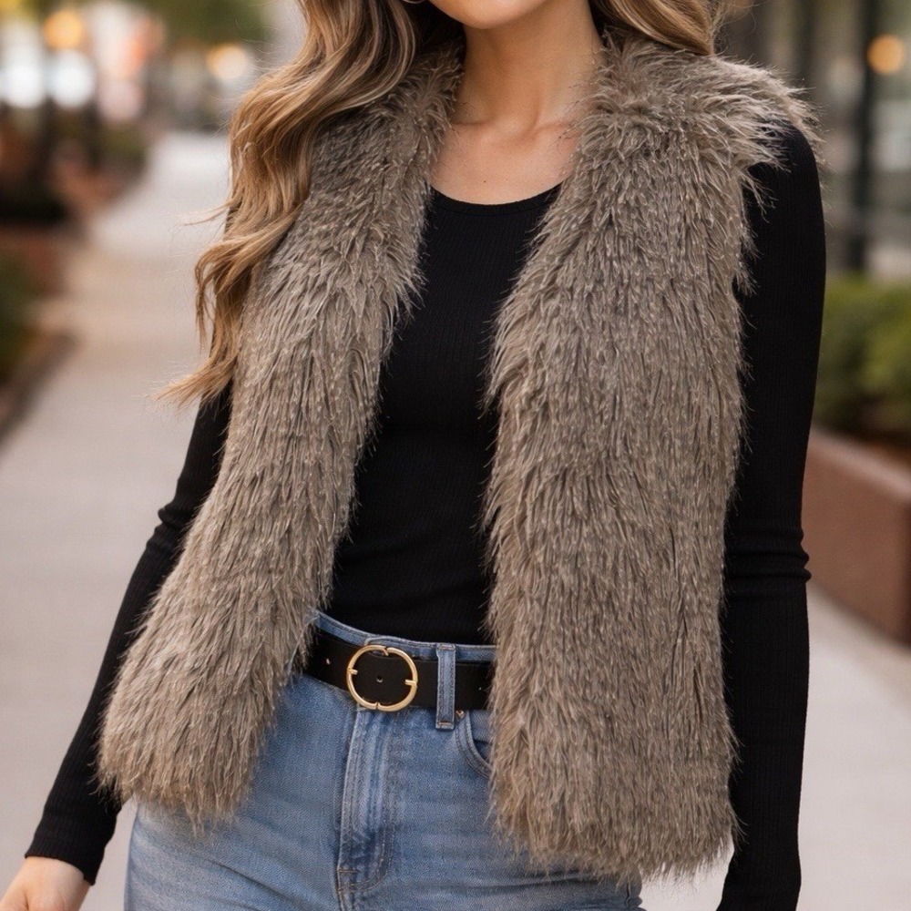 Buffalo David Bitton Tova Faux Fur‎ Vest Womens L Brown Shaggy Boho
